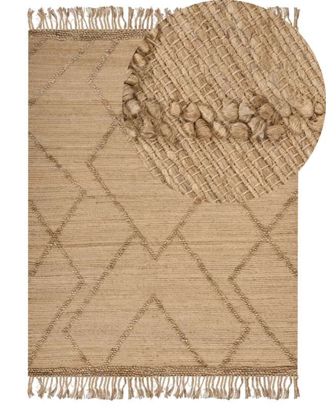 Area Rug Beige Jute 160 x 230 cm Handwoven Lines Geometric Pattern with Tassels Natural Boho Style Textile Beliani