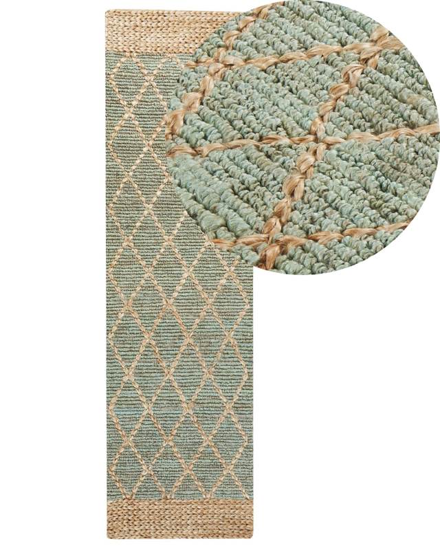 Runner Rug Green and Beige Jute 80 x 300 cm Geometric Pattern Hand Woven Boho Hallway Bedroom Beliani