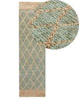 Runner Rug Green and Beige Jute 80 x 300 cm Geometric Pattern Hand Woven Boho Hallway Bedroom Beliani