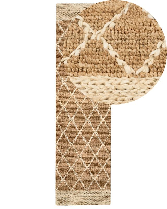 Runner Rug Beige Jute 80 x 300 cm Geometric Pattern Hand Woven Boho Hallway Bedroom Beliani