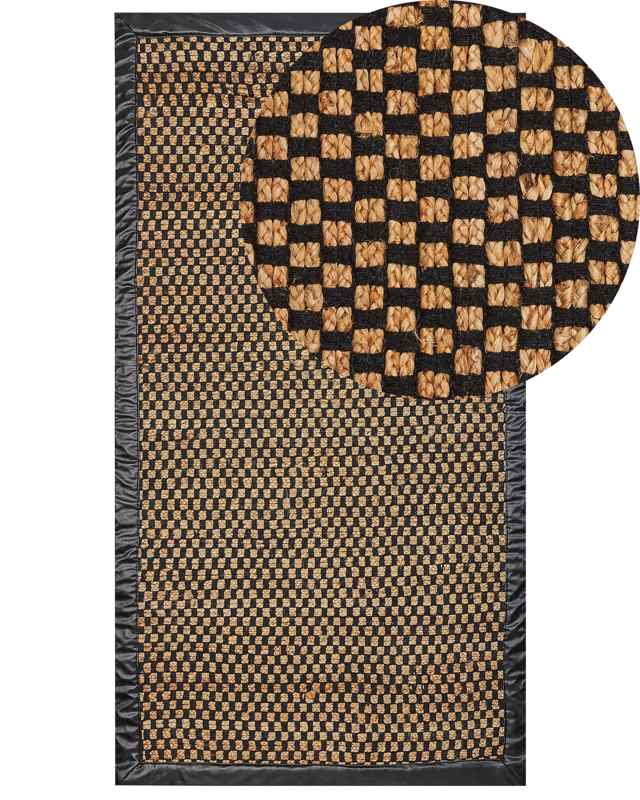 Area Rug Black and Beige Jute Cotton Leather 80 x 150 cm Rectangular Handwoven Carpet Checked Pattern Rustic Traditional Design Beliani