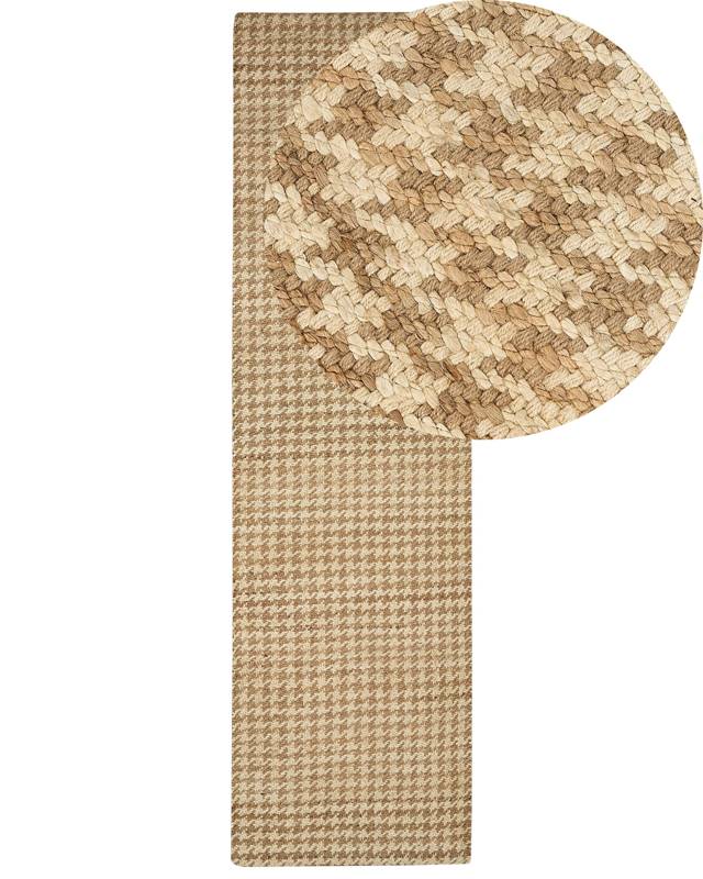 Runner Rug Beige Jute 80 x 300 cm Houndstooth Pattern Hand Woven Boho Hallway Bedroom Beliani