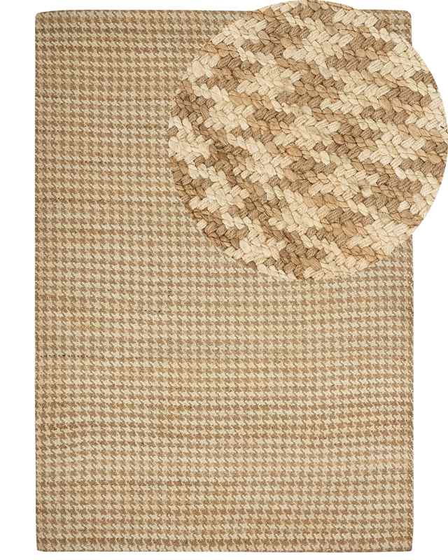 Area Rug Beige Jute 160 x 230 cm Houndstooth Pattern Hand Woven Boho Living Room Bedroom Beliani
