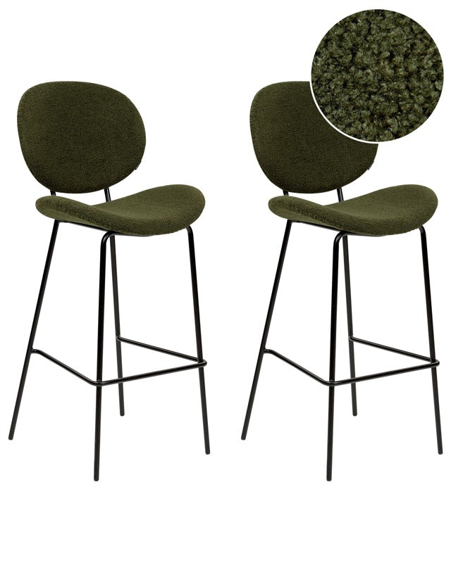 Set of 2 Bar Chairs Dark Green Armless Leg Caps Boucle Black Iron Legs Contemporary Retro Design Dining Room Seating Beliani