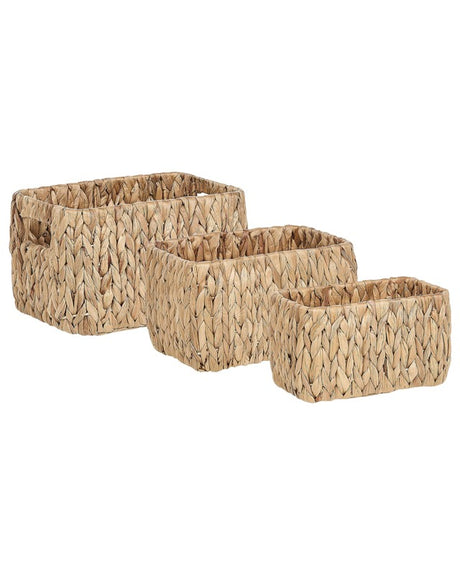 Set of 3 Storage Baskets Light Water Hyacinth Handmade with Handles Shelving Box Boho Design Beliani