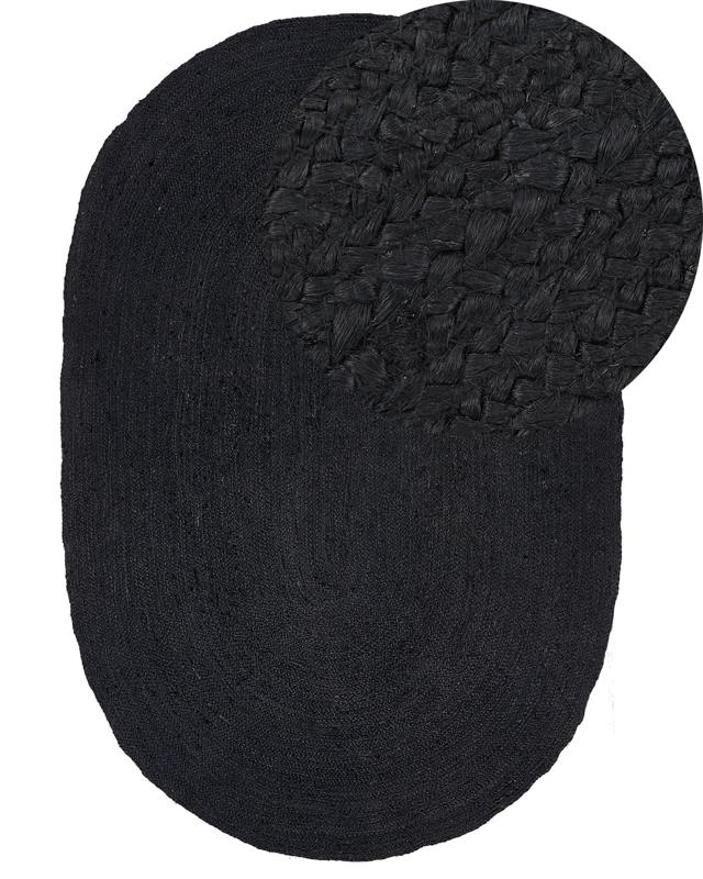 Area Rug Black Jute 160 x 230 cm Braided Oval Underfloor Heating Suitable Natural Living Room Bedroom Beliani