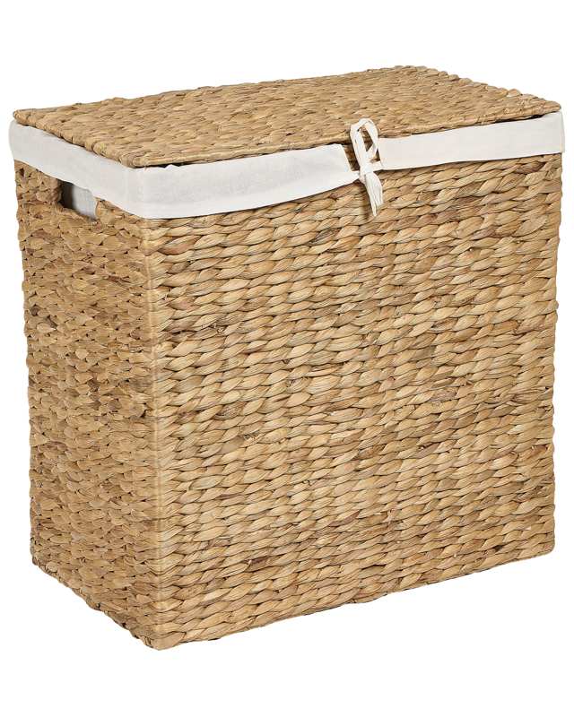 Basket with Lid Light Water Hyacinth Laundry Hamper 2-Compartments with Handles  Beliani