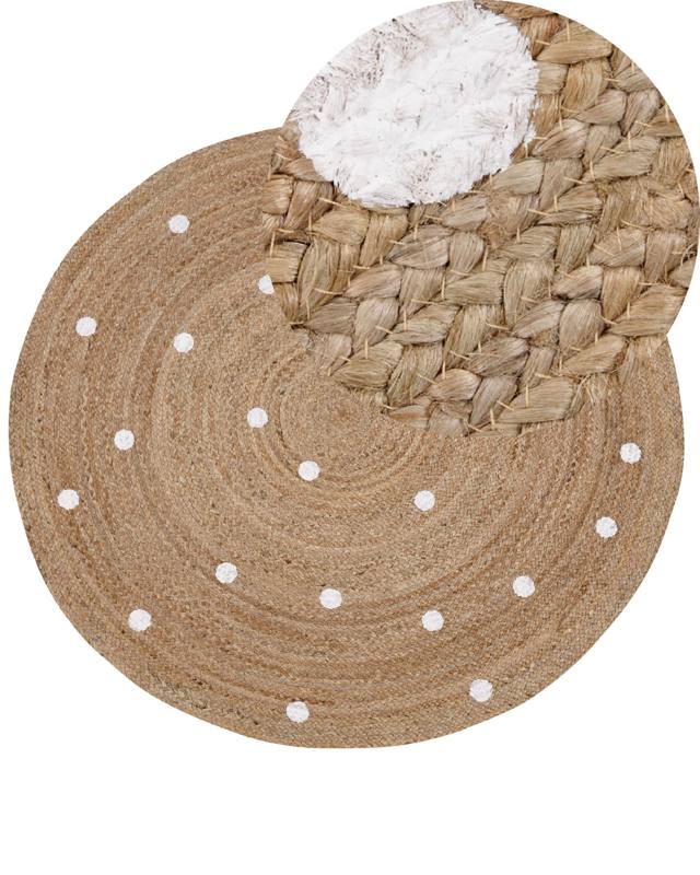 Round Area Rug Beige Jute ø 140 cm Solid With Polka Dot Pattern Beliani