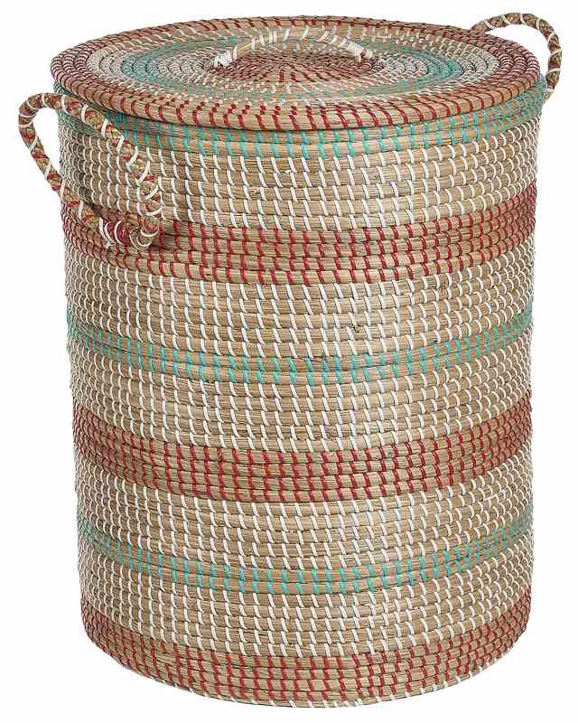 Basket Natural Seagrass with Handles Lid Handwoven Home Accessory Decor Storage Decorative Pattern Boho Style Beliani