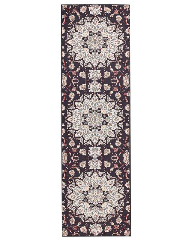 Runner Rug Black and Beige Polyester 60 x 200 cm Oriental Pattern Anti-Slip Bottom Vintage Style Modern Hallway Beliani