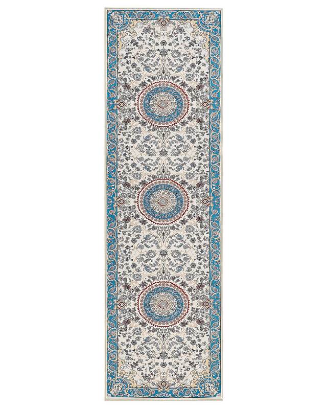 Runner Rug Beige and Blue Polyester 60 x 200 cm Oriental Pattern Anti-Slip Bottom Vintage Style Modern Hallway Beliani