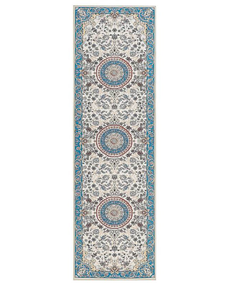Runner Rug Beige and Blue Polyester 60 x 200 cm Oriental Pattern Anti-Slip Bottom Vintage Style Modern Hallway Beliani