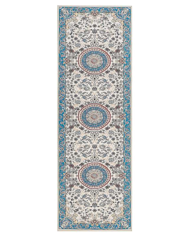 Runner Rug Beige and Blue Polyester 80 x 240 cm Oriental Pattern Anti-Slip Bottom Vintage Style Modern Hallway Beliani