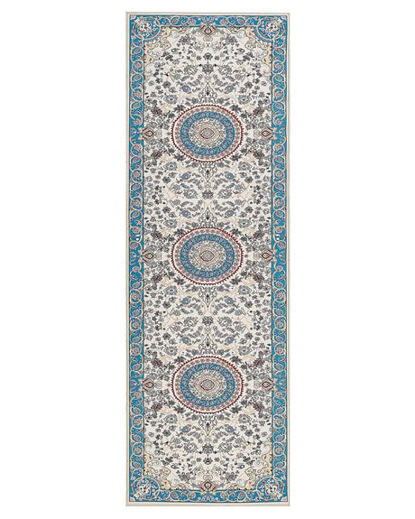 Runner Rug Beige and Blue Polyester 80 x 240 cm Oriental Pattern Anti-Slip Bottom Vintage Style Modern Hallway Beliani