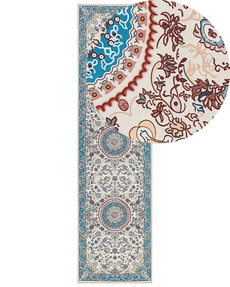Runner Rug Beige and Blue Polyester 80 x 300 cm Oriental Pattern Anti-Slip Bottom Vintage Style Modern Hallway Beliani