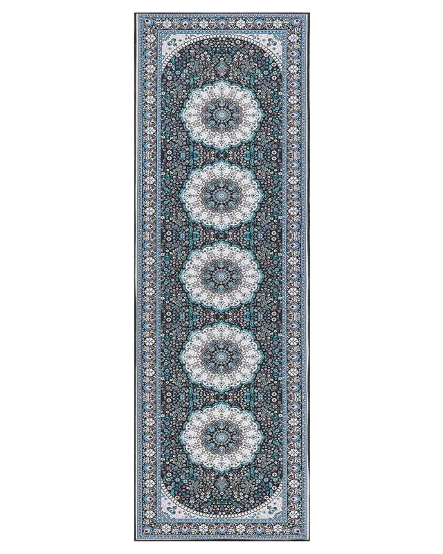 Runner Rug Blue Polyester 80 x 240 cm Oriental Pattern Anti-Slip Bottom Vintage Style Modern Hallway Beliani