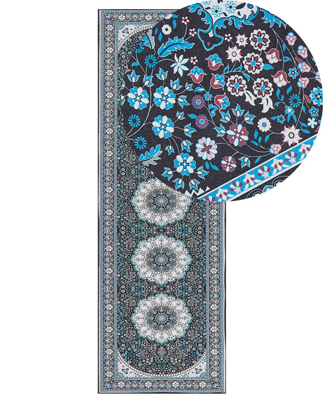 Runner Rug Blue Polyester 80 x 240 cm Oriental Pattern Anti-Slip Bottom Vintage Style Modern Hallway Beliani