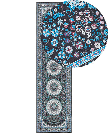 Runner Rug Blue Polyester 80 x 300 cm Oriental Pattern Anti-Slip Bottom Vintage Style Modern Hallway Beliani