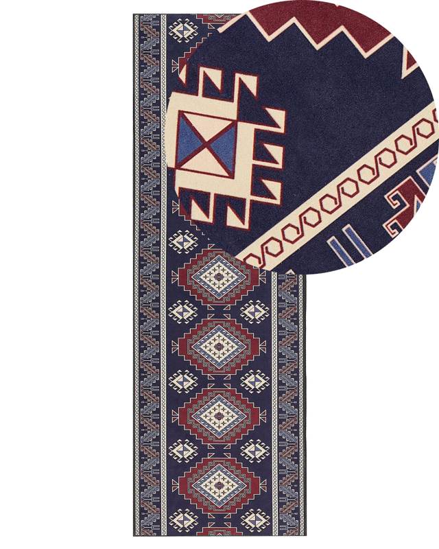 Runner Rug Blue and Red Polyester 80 x 240 cm Oriental Pattern Anti-Slip Bottom Vintage Style Modern Hallway Beliani