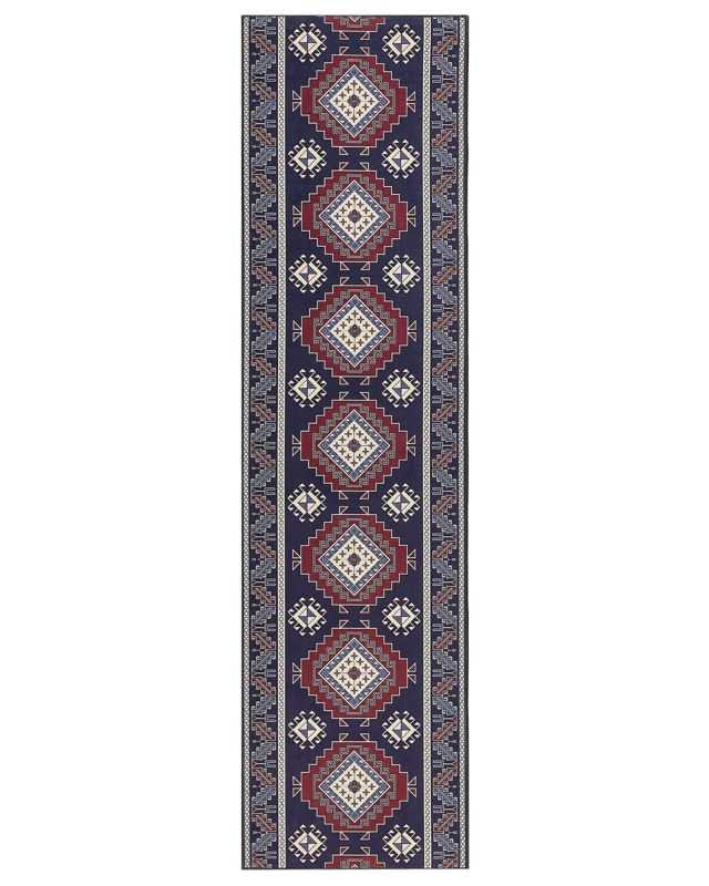 Runner Rug Blue and Red Polyester 80 x 300 cm Oriental Pattern Anti-Slip Bottom Vintage Style Modern Hallway Beliani