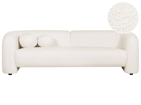 3 Seater Sofa White Boucle Fabric Soft Nubby with Extra Throw Cushions Retro Glam Art Decor Style Beliani
