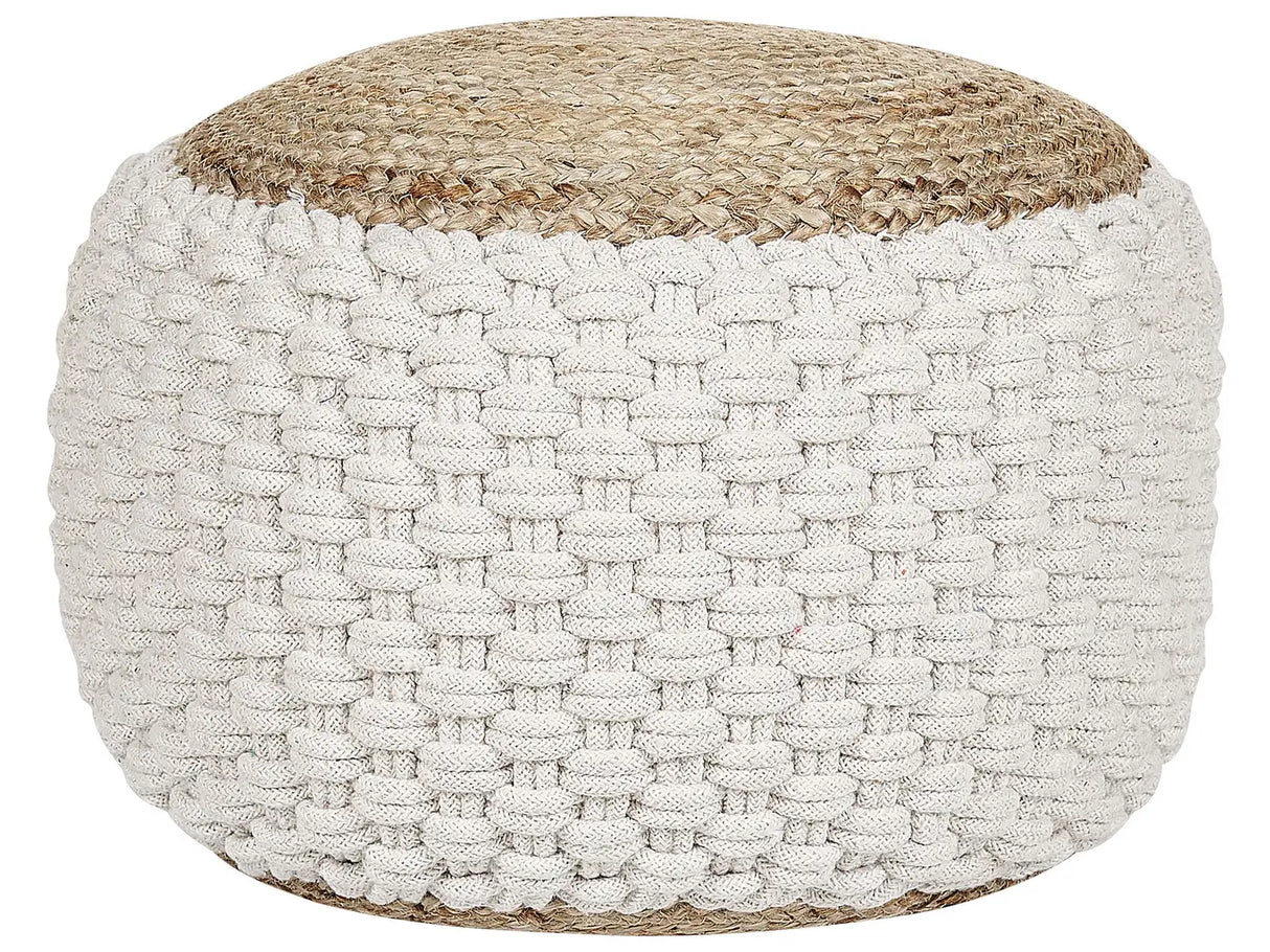 Pouf Ottoman White and Beige Knitted Cotton Jute EPS Beads Filling Round Small Footstool 50 x 35 cm Boho Style Living Room Beliani