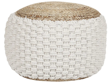 Pouf Ottoman White and Beige Knitted Cotton Jute EPS Beads Filling Round Small Footstool 50 x 35 cm Boho Style Living Room Beliani