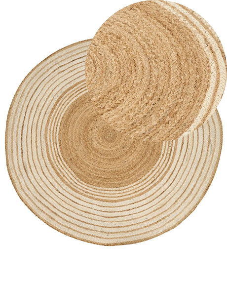 Area Rug Beige and White Jute  140 cm Round Handwoven Decorative Boho Style Hallway Living Room Bedroom Beliani