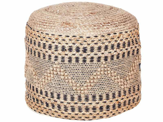 Pouf Ottoman Beige Black Jute Cotton 50 x 50 x 38 cm EPS Beads Filling Round Boho Style Living Room Beliani