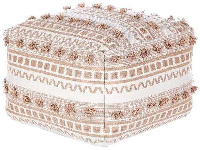 Pouffe Beige Cotton 50 x 50 x 35 cm With EPS Filling Thick Woven Cover Footstool Boho Beliani