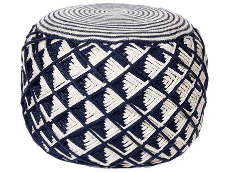 Garden Pouf Navy Blue and Beige Synthetic Material Round ø 50 cm Outdoor Ottoman Handwoven Boho Style Beliani