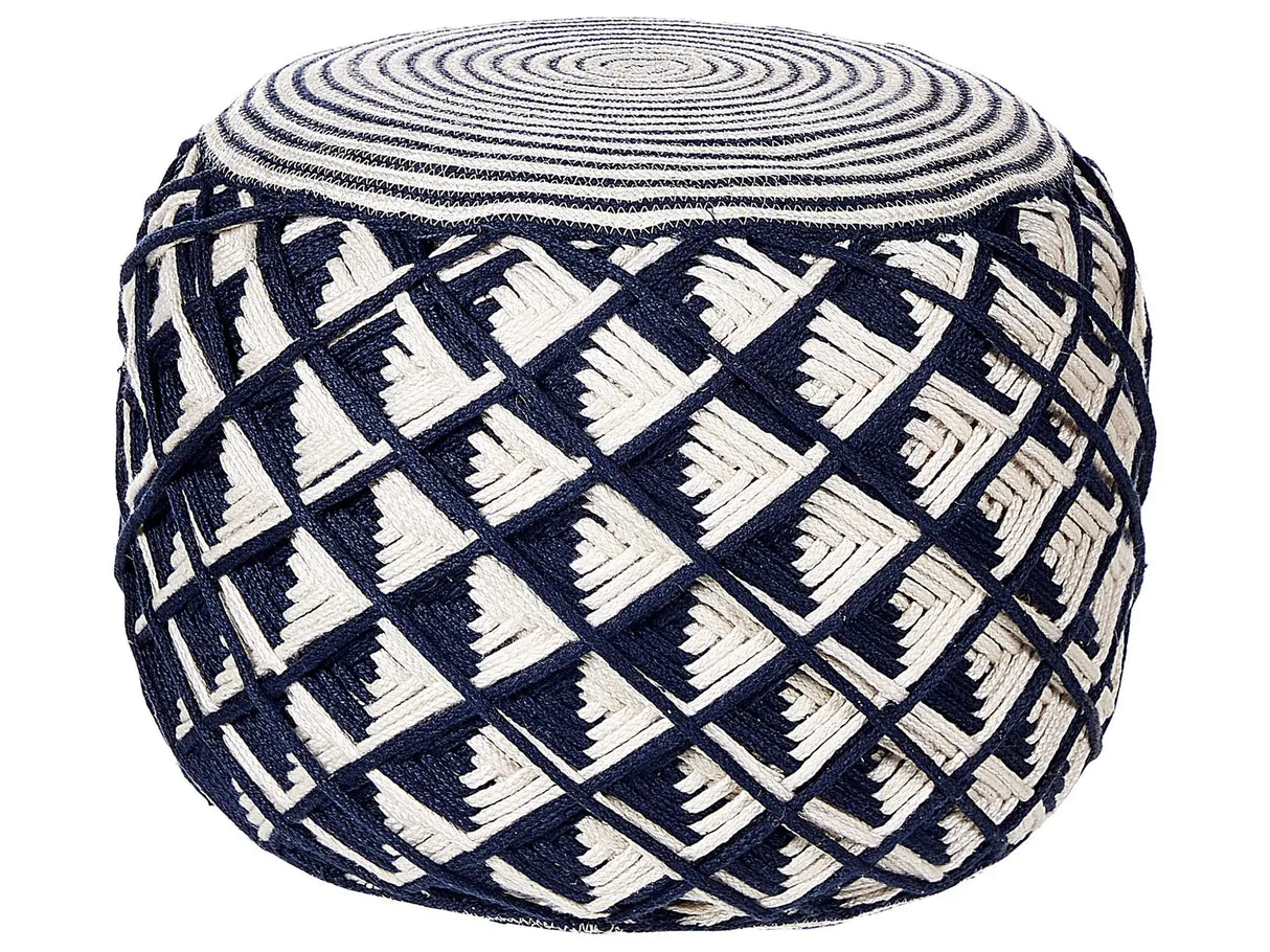 Garden Pouf Navy Blue and Beige Synthetic Material Round  50 cm Outdoor Ottoman Handwoven Boho Style Beliani