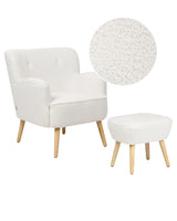 Armchair White Boucle Upholstery Footstool Wooden Legs Solid Pattern Retro Boho Living Room Beliani