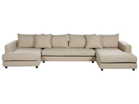 Corner Sofa Beige Polyester Upholstery Modern U-Shaped 5 Seater with Ottomans Extra Throw Pillows Cushioned Backrest Beliani