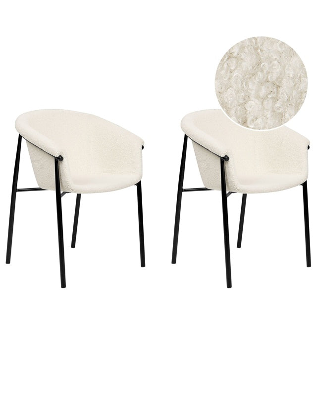 Set of 2 Dining Chairs Off-White Boucle Upholster Contemporary Modern Design Dining Room Seating Beliani