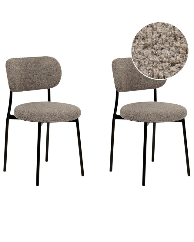 Set of 2 Dining Chairs Beige Taupe Boucle Seats Armless Metal Legs for Dining Room Kitchen  Beliani