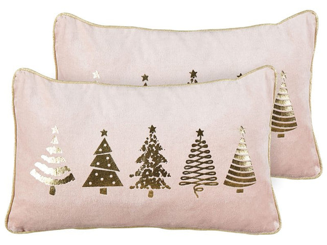 Set of 2 Scatter Cushions Pink Velvet Fabric 30 x 50 cm Christmas Tree Pattern Cotton Removable Covers Living Room Bedroom Beliani