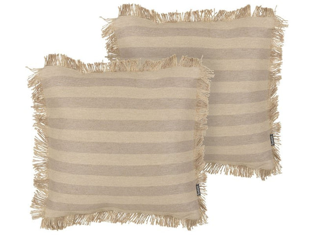 Set of 2 Decorative Cushions Beige Jute 45 x 45 cm Woven Removable with Zipper Fringe Edge Boho Decor Accessories Beliani