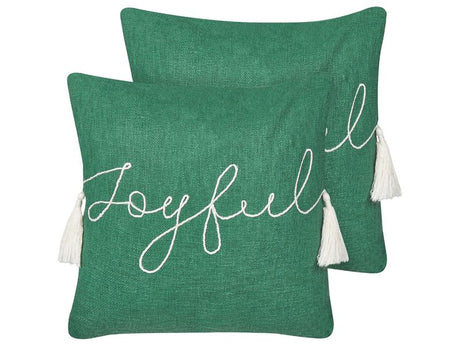 Set of 2 Scatter Cushions Green 45 x 45 cm Christmas Motif Tassels Cotton Removable Covers Living Room Bedroom Beliani