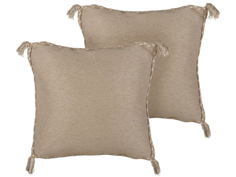 Set of 2 Decorative Cushions Beige Jute 45 x 45 cm Woven Removable with Zipper Decorative Tassels Boho Decor Accessories Beliani