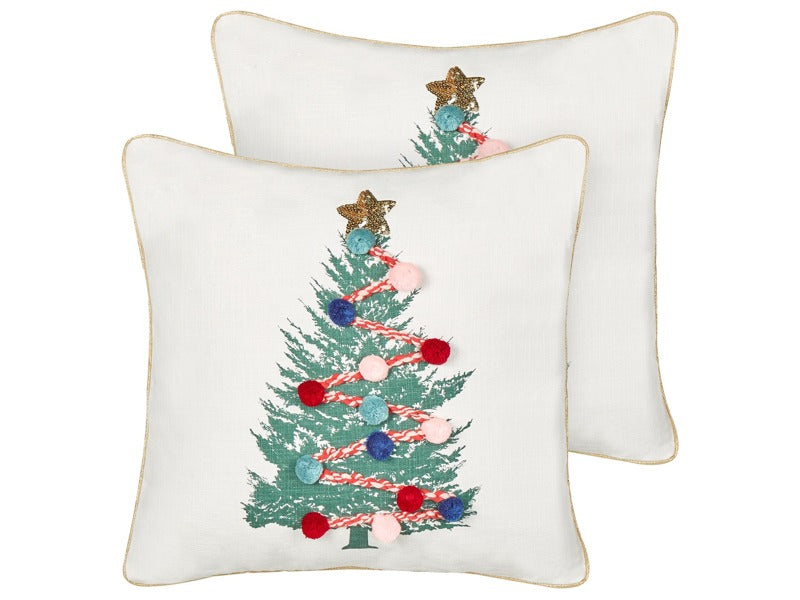 Set of 2 Scatter Cushions White 45 x 45 cm Christmas Tree Pattern Cotton Removable Covers Living Room Bedroom Beliani