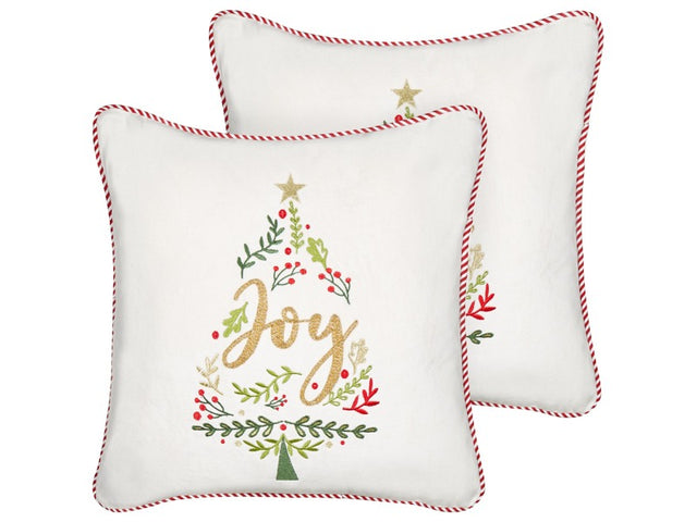 Set of 2 Scatter Cushions White Velvet Fabric 45 x 45 cm Christmas Tree Pattern Cotton Removable Covers Living Room Bedroom Beliani