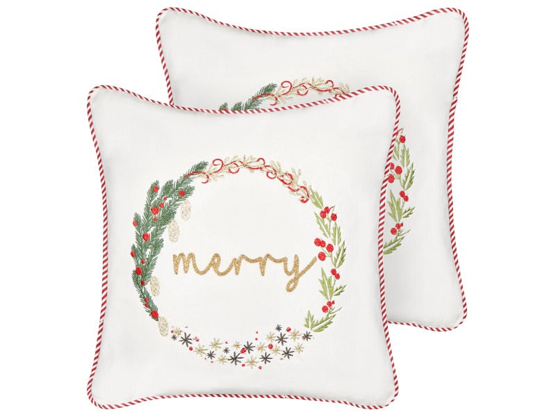 Set of 2 Scatter Cushions White Velvet Fabric 45 x 45 cm Christmas Motif Cotton Removable Covers Living Room Bedroom Beliani