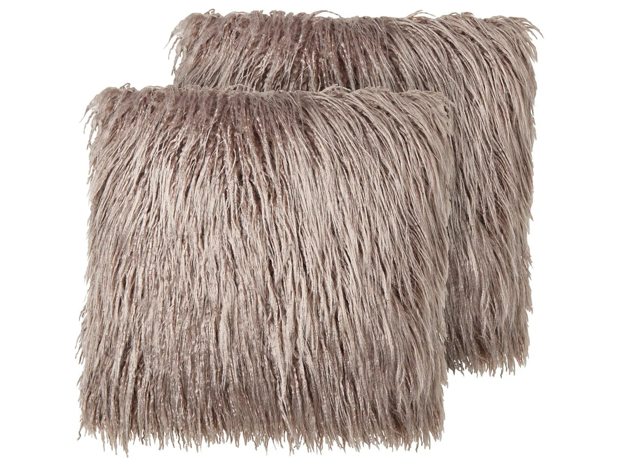 Set of 2 Throw Pillows Beige Faux Fur 45 x 45 cm Soft Fluffy Scatter Cushions Beliani