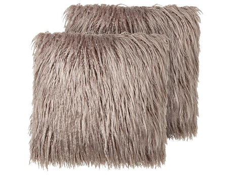 Set of 2 Throw Pillows Beige Faux Fur 45 x 45 cm Soft Fluffy Scatter Cushions Beliani