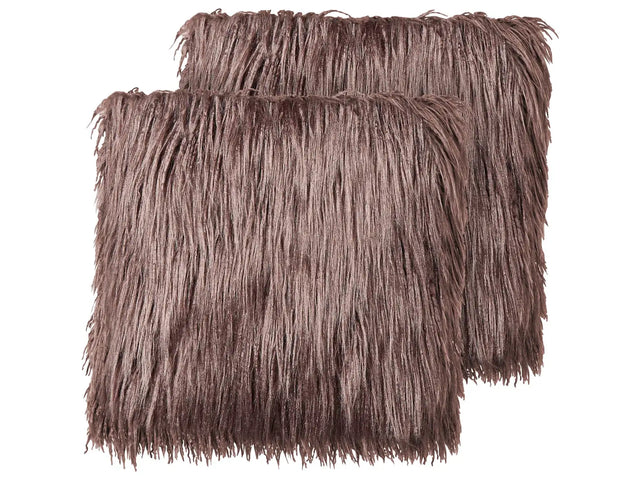 Set of 2 Throw Pillows Brown Faux Fur 45 x 45 cm Soft Fluffy Scatter Cushions Beliani