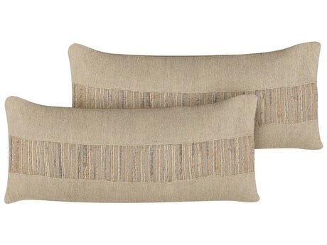Set of 2 Decorative Cushions Beige Jute 30 x 70 cm Woven Removable with Zipper Boho Decor Accessories Beliani