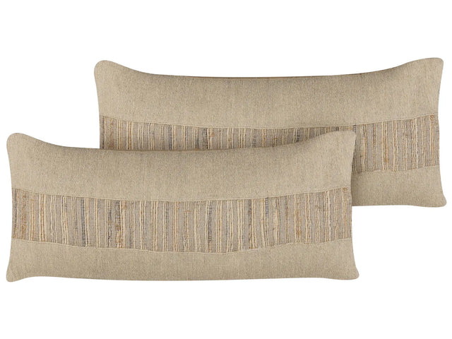Set of 2 Decorative Cushions Beige Jute 30 x 70 cm Woven Removable with Zipper Boho Decor Accessories Beliani