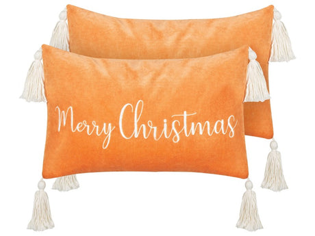 Set of 2 Scatter Cushions Orange Cotton Velvet 30 x 50 cm Christmas Motif Caption with Tassels Accessories Festive Decor Beliani