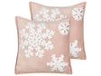 Set of 2 Scatter Cushions Pink White Cotton Velvet 45 x 45 cm Christmas Motif Snowflake Print Accessories Festive Decor Beliani